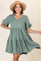 Audrina Mini Dress - Pull Over V Neck Tiered Dress with Pockets in Sage