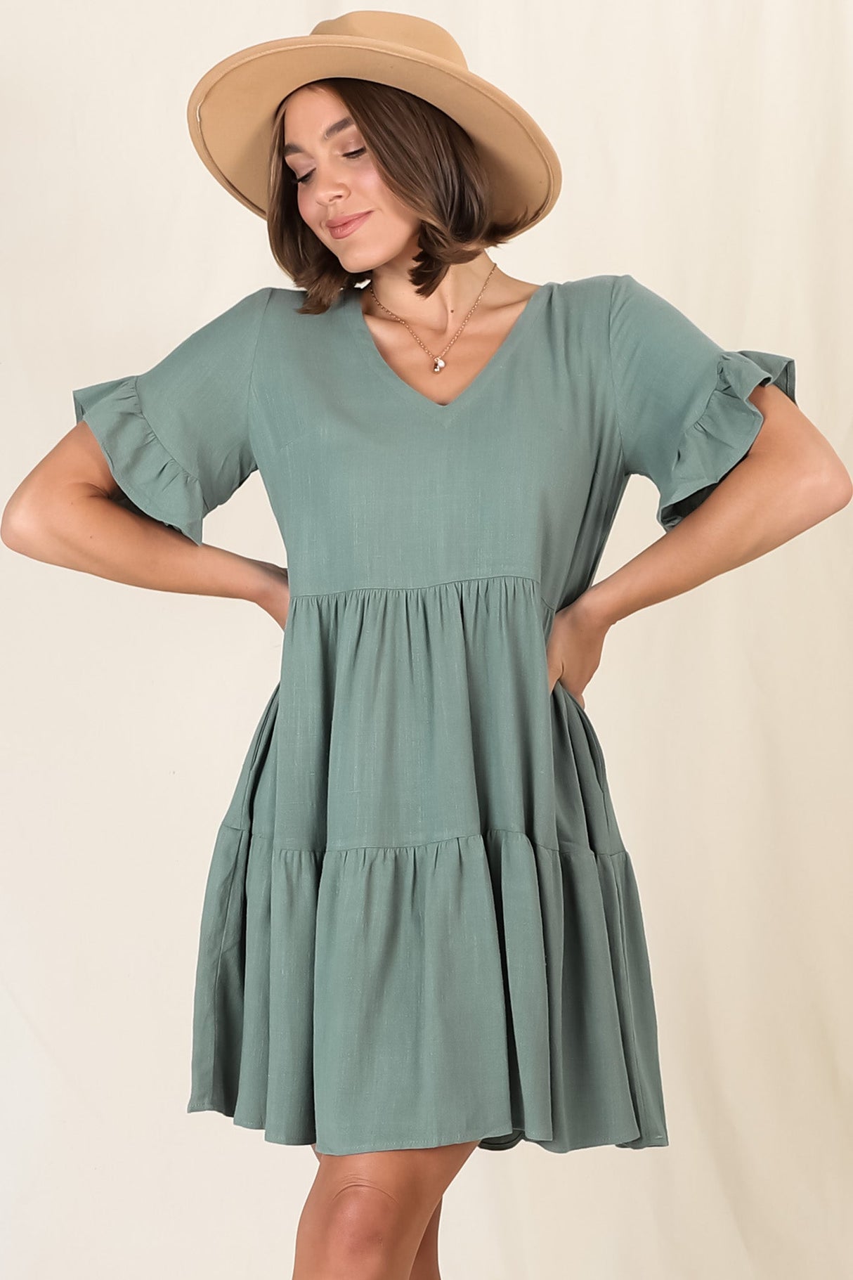 Audrina Mini Dress - Pull Over V Neck Tiered Dress with Pockets in Sage