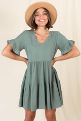 Audrina Mini Dress - Pull Over V Neck Tiered Dress with Pockets in Sage