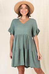 Audrina Mini Dress - Pull Over V Neck Tiered Dress with Pockets in Sage