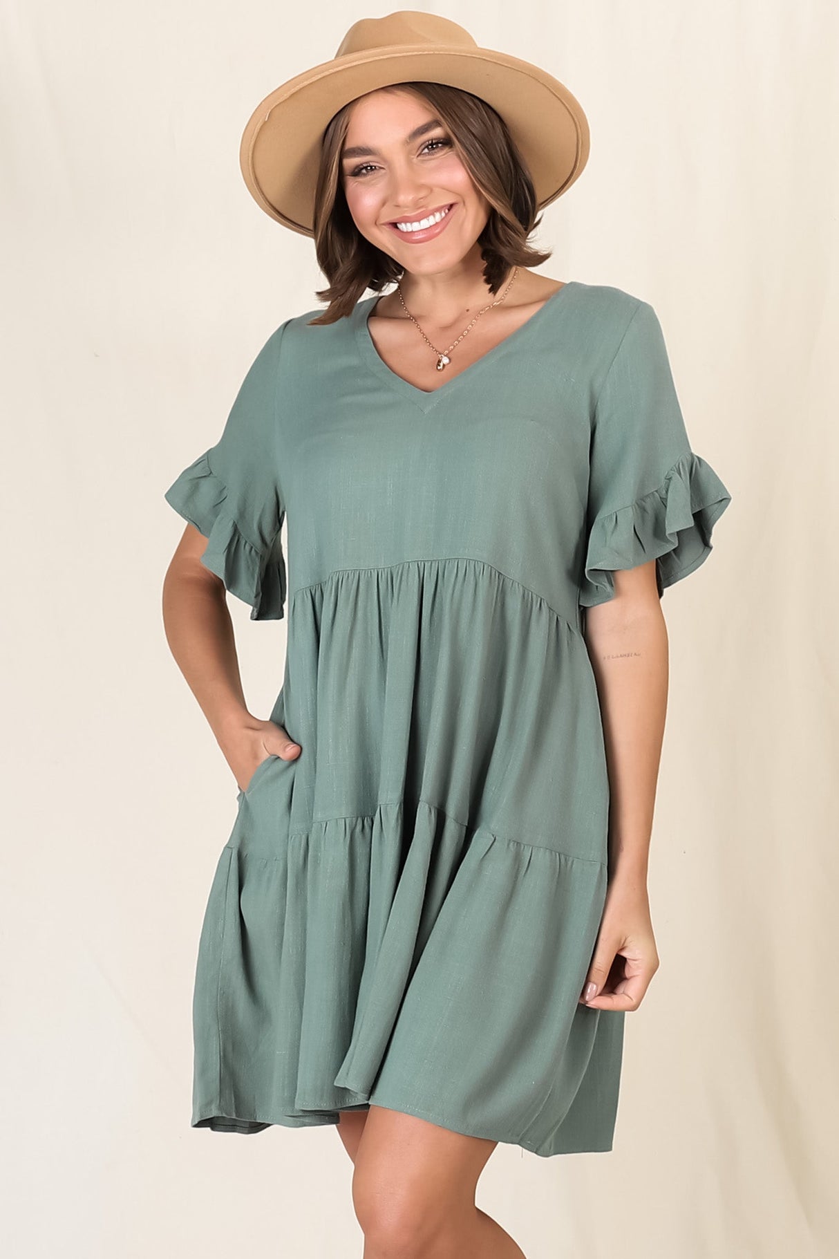 Audrina Mini Dress - Pull Over V Neck Tiered Dress with Pockets in Sage