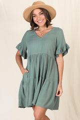 Audrina Mini Dress - Pull Over V Neck Tiered Dress with Pockets in Sage