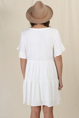 Audrina Mini Dress - Soft V Neck Tiered Dress with Short Sleeves and Frill Cuff in White