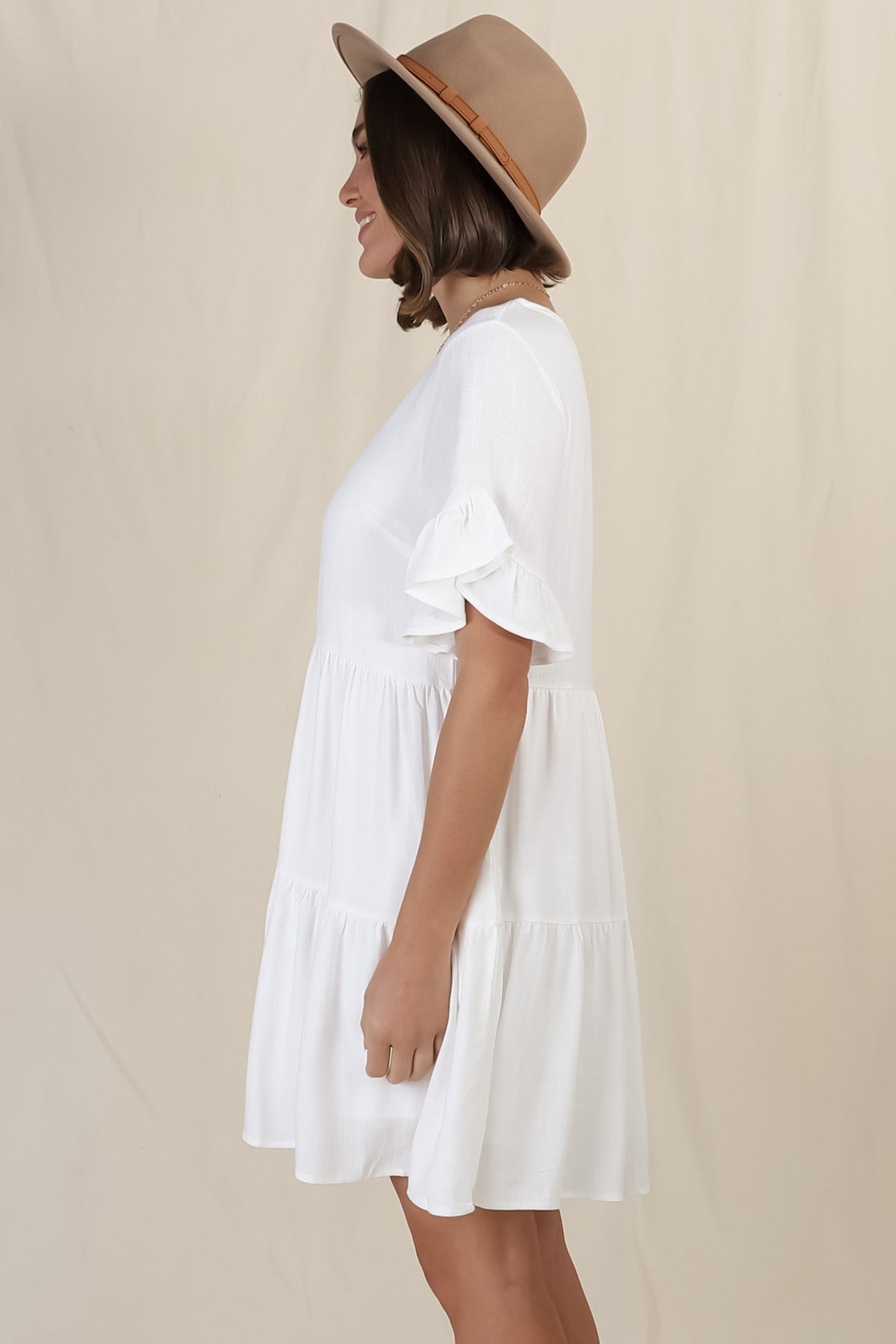 Audrina Mini Dress - Soft V Neck Tiered Dress with Short Sleeves and Frill Cuff in White