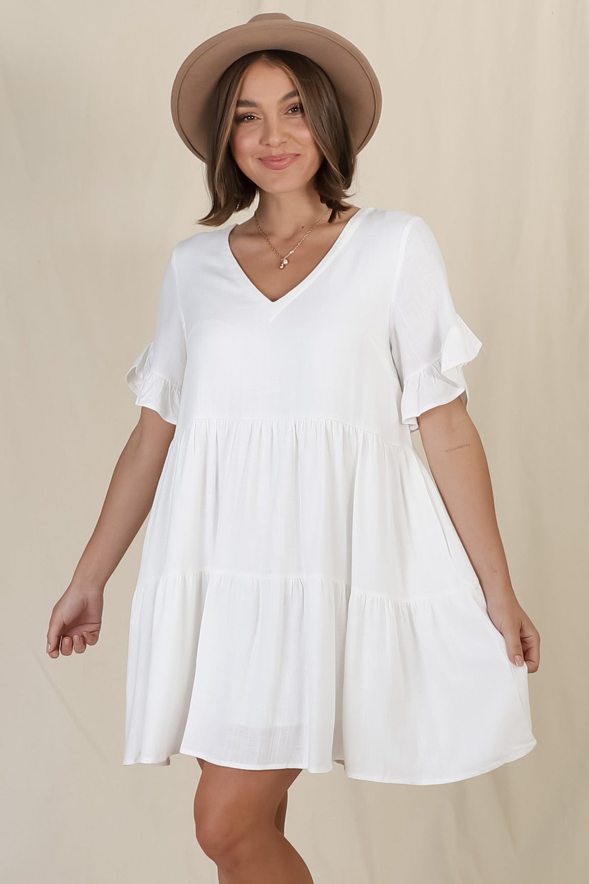 Audrina Mini Dress - Soft V Neck Tiered Dress with Short Sleeves and Frill Cuff in White