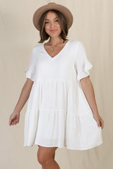 Audrina Mini Dress - Soft V Neck Tiered Dress with Short Sleeves and Frill Cuff in White