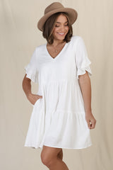 Audrina Mini Dress - Soft V Neck Tiered Dress with Short Sleeves and Frill Cuff in White