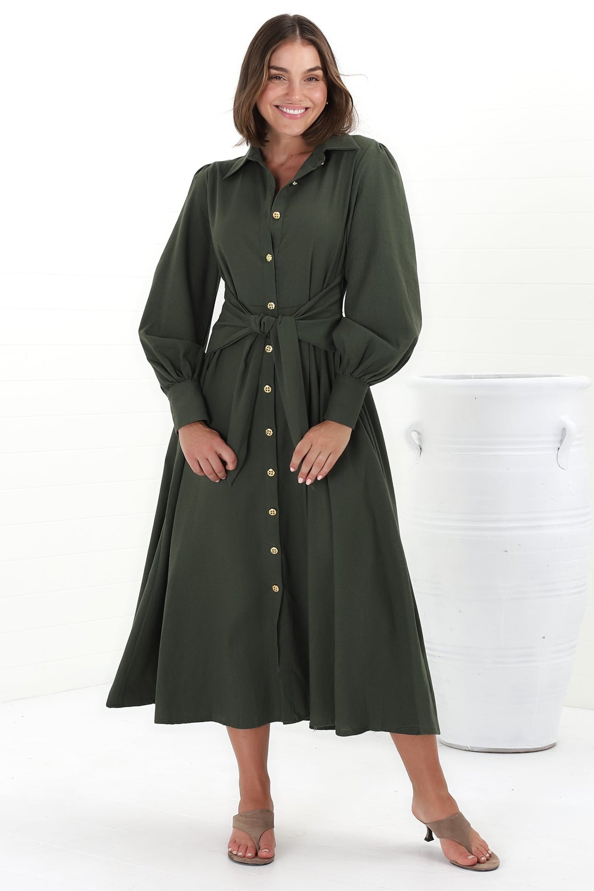 August Midi Dress - Collared Shirt Balloon Sleeve Dress with Waist Tie in Khaki