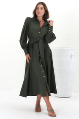 August Midi Dress - Collared Shirt Balloon Sleeve Dress with Waist Tie in Khaki