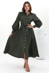 August Midi Dress - Collared Shirt Balloon Sleeve Dress with Waist Tie in Khaki