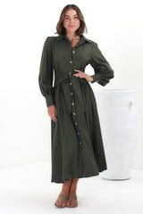 August Midi Dress - Collared Shirt Balloon Sleeve Dress with Waist Tie in Khaki