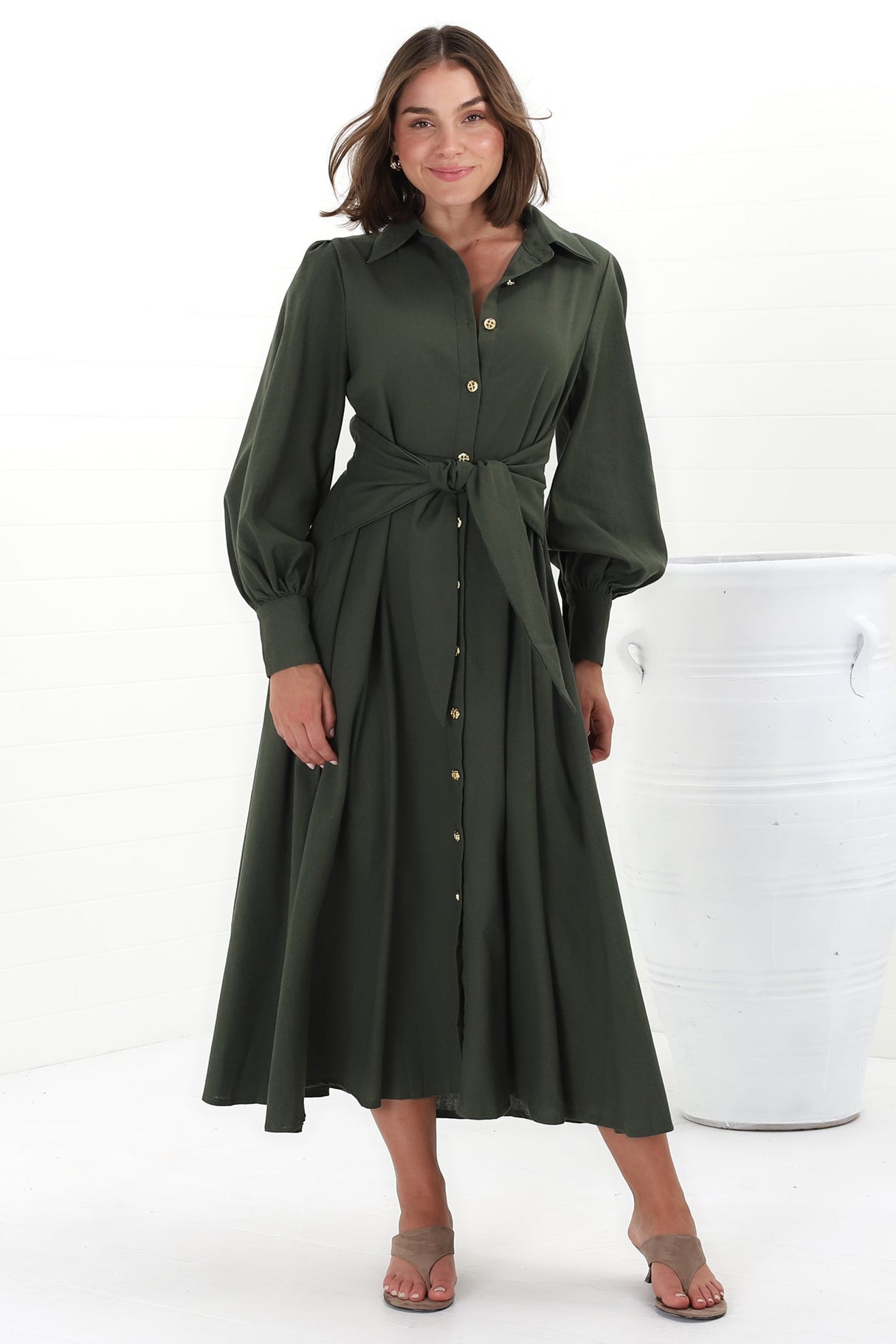 August Midi Dress - Collared Shirt Balloon Sleeve Dress with Waist Tie in Khaki