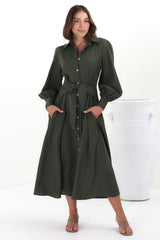 August Midi Dress - Collared Shirt Balloon Sleeve Dress with Waist Tie in Khaki