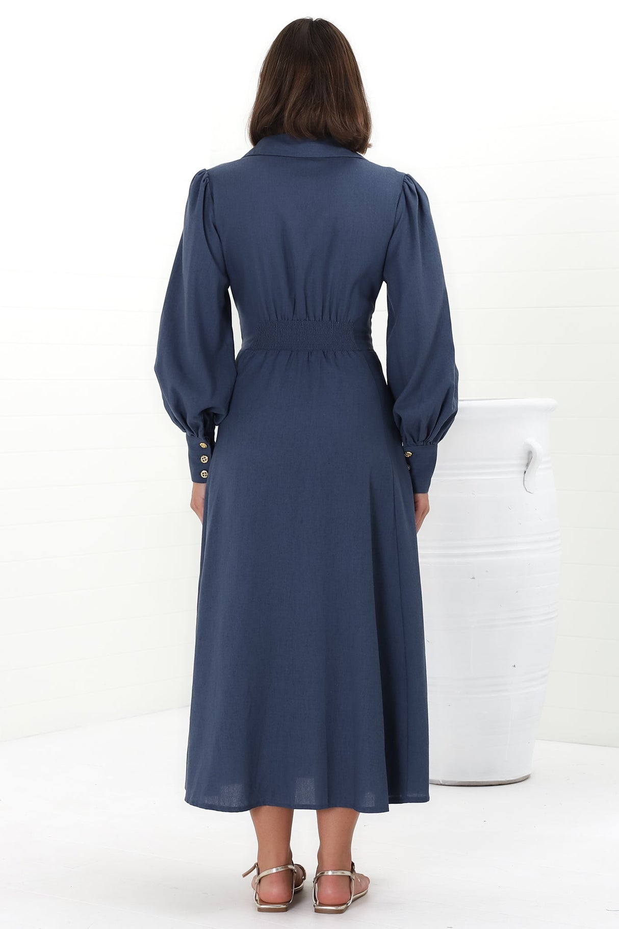 August Midi Dress - Collared Shirt Balloon Sleeve Dress with Waist Tie in Navy