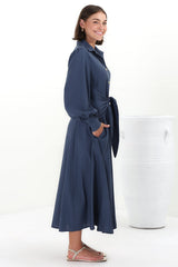 August Midi Dress - Collared Shirt Balloon Sleeve Dress with Waist Tie in Navy