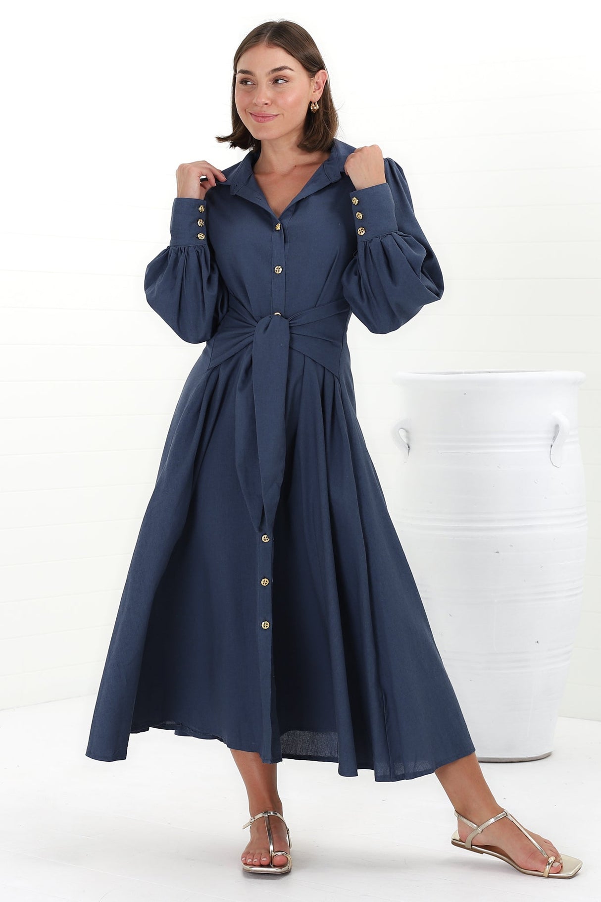 August Midi Dress - Collared Shirt Balloon Sleeve Dress with Waist Tie in Navy