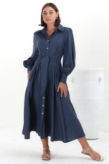 August Midi Dress - Collared Shirt Balloon Sleeve Dress with Waist Tie in Navy