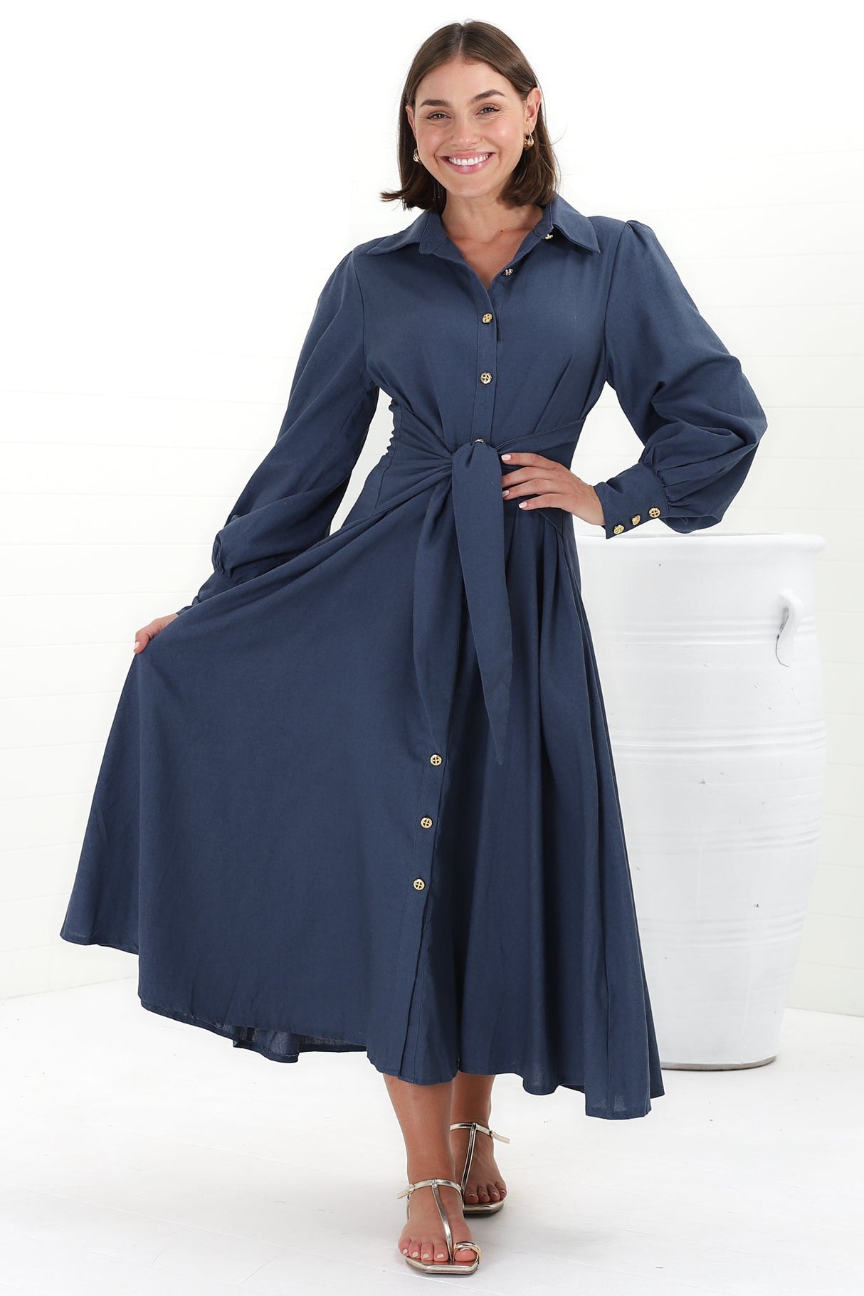 August Midi Dress - Collared Shirt Balloon Sleeve Dress with Waist Tie in Navy