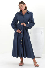 August Midi Dress - Collared Shirt Balloon Sleeve Dress with Waist Tie in Navy