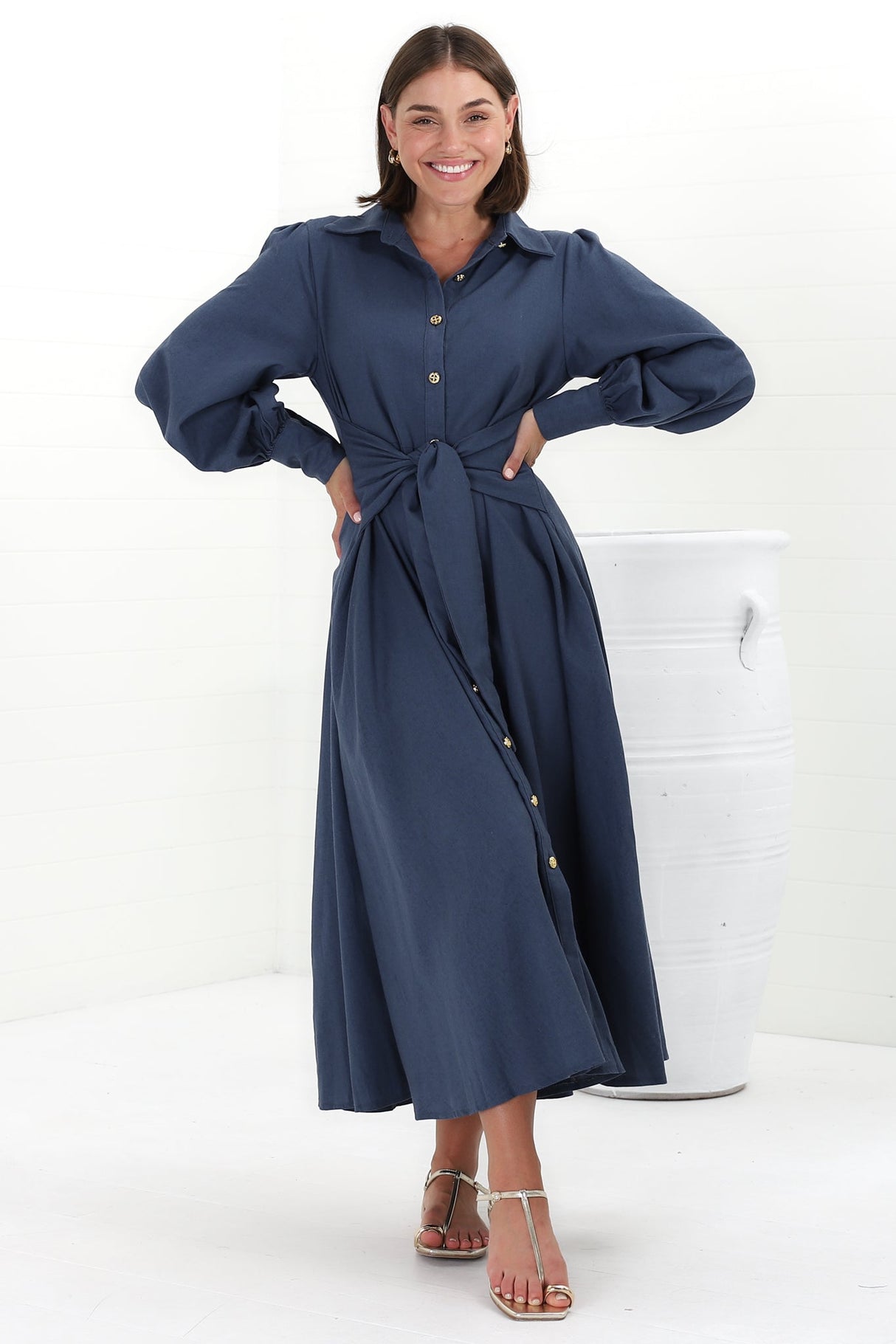 August Midi Dress - Collared Shirt Balloon Sleeve Dress with Waist Tie in Navy