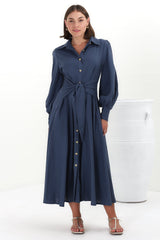 August Midi Dress - Collared Shirt Balloon Sleeve Dress with Waist Tie in Navy