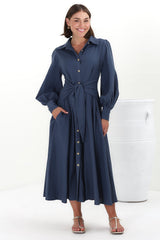 August Midi Dress - Collared Shirt Balloon Sleeve Dress with Waist Tie in Navy