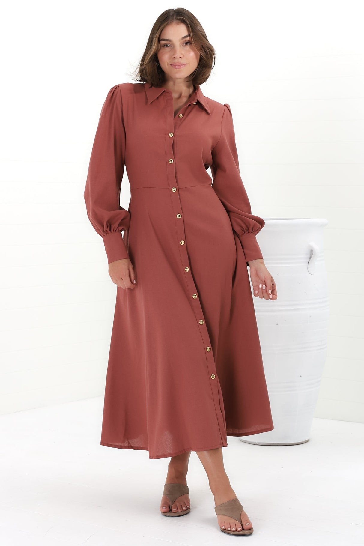 August Midi Dress - Collared Shirt Balloon Sleeve Dress with Waist Tie in Rust