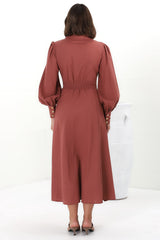 August Midi Dress - Collared Shirt Balloon Sleeve Dress with Waist Tie in Rust