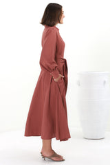 August Midi Dress - Collared Shirt Balloon Sleeve Dress with Waist Tie in Rust