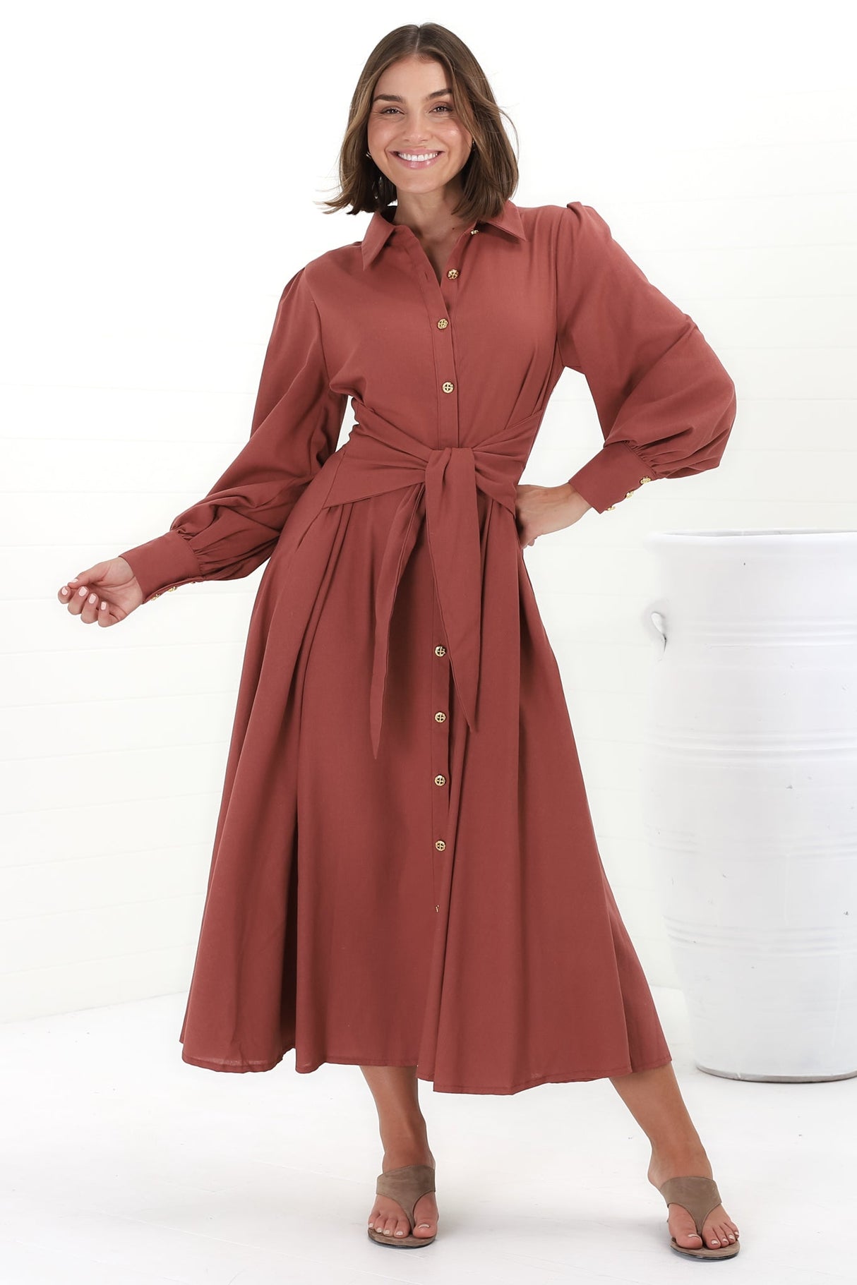 August Midi Dress - Collared Shirt Balloon Sleeve Dress with Waist Tie in Rust