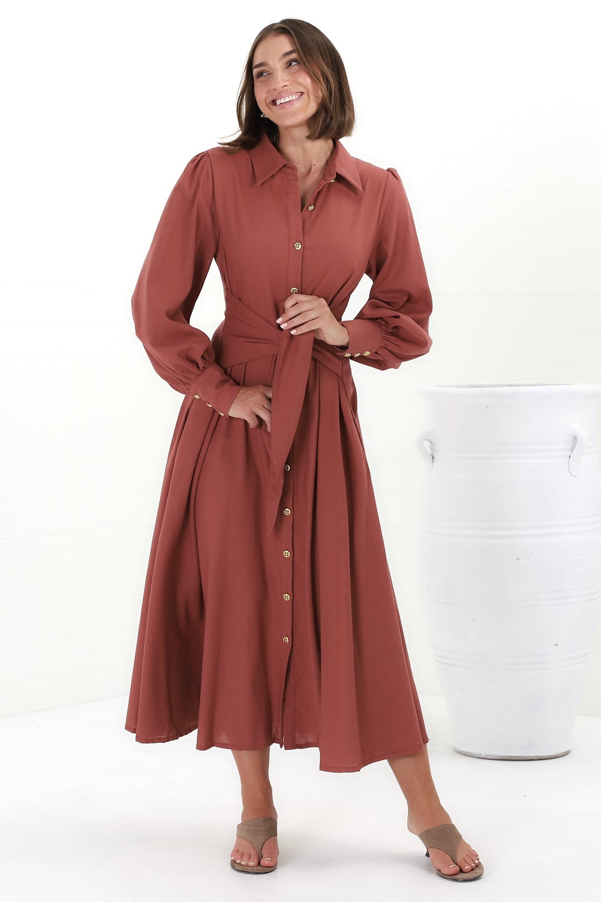 August Midi Dress - Collared Shirt Balloon Sleeve Dress with Waist Tie in Rust