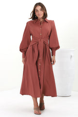 August Midi Dress - Collared Shirt Balloon Sleeve Dress with Waist Tie in Rust