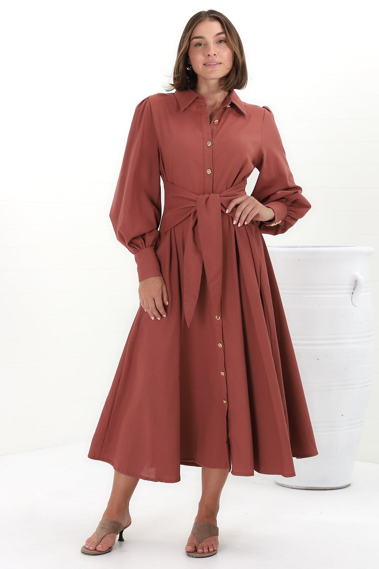 August Midi Dress - Collared Shirt Balloon Sleeve Dress with Waist Tie in Rust