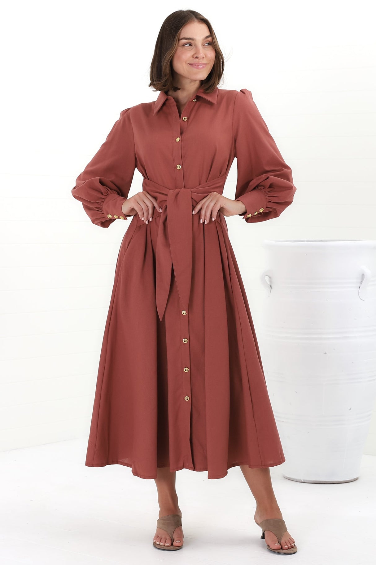 August Midi Dress - Collared Shirt Balloon Sleeve Dress with Waist Tie in Rust