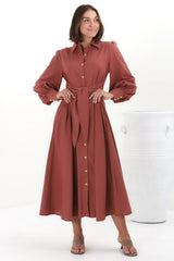 August Midi Dress - Collared Shirt Balloon Sleeve Dress with Waist Tie in Rust