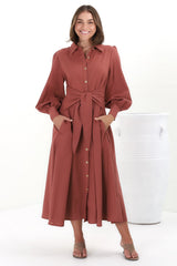 August Midi Dress - Collared Shirt Balloon Sleeve Dress with Waist Tie in Rust