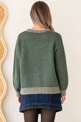 Aura Jumper - Crew Neck Jumper with Contrast Stripe Trim in Dark Green