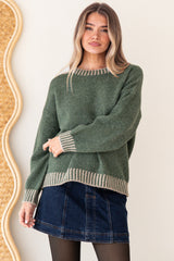 Aura Jumper - Crew Neck Jumper with Contrast Stripe Trim in Dark Green