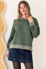 Aura Jumper - Crew Neck Jumper with Contrast Stripe Trim in Dark Green