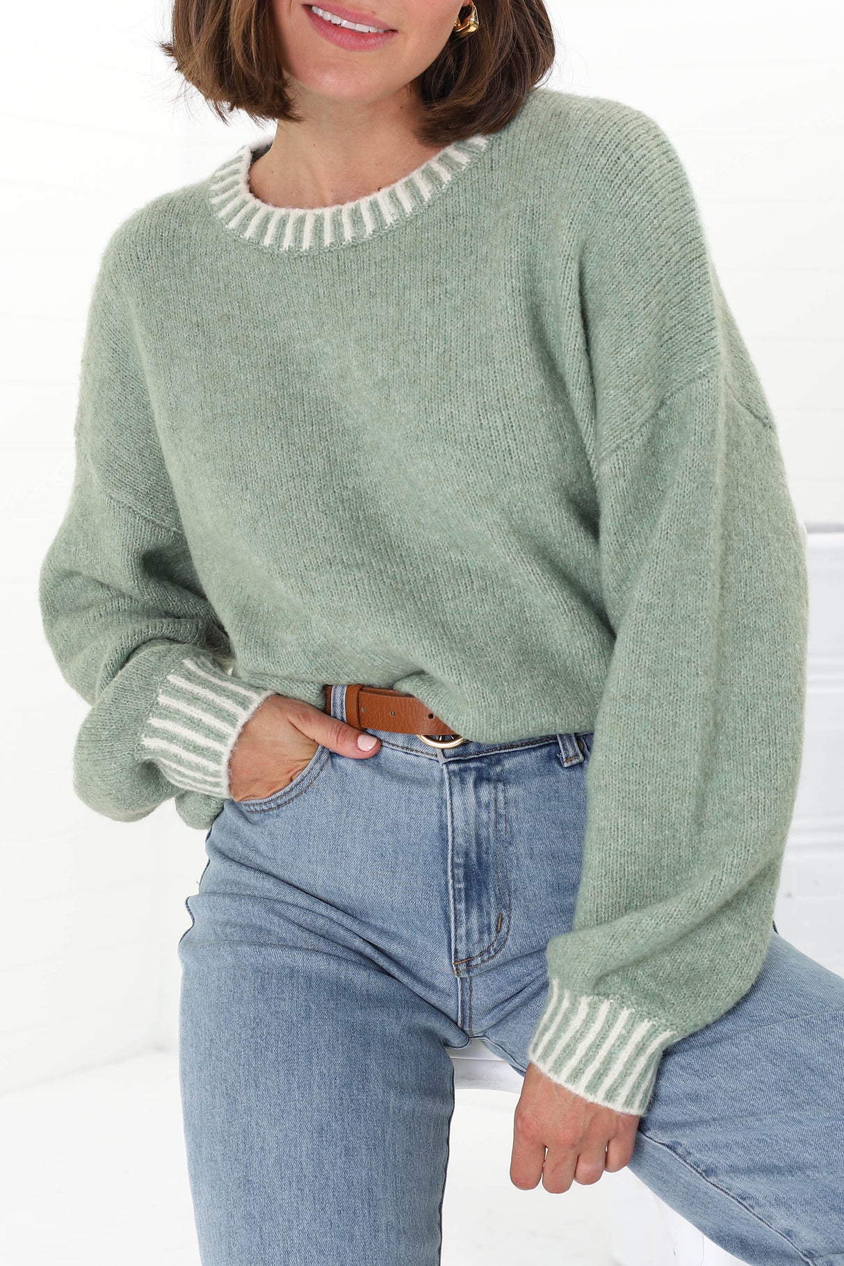 Aura Jumper - Crew Neck Jumper with Contrast Stripe Trim in Green