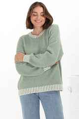 Aura Jumper - Crew Neck Jumper with Contrast Stripe Trim in Green