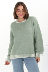 Aura Jumper - Crew Neck Jumper with Contrast Stripe Trim in Green