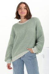 Aura Jumper - Crew Neck Jumper with Contrast Stripe Trim in Green