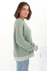 Aura Jumper - Crew Neck Jumper with Contrast Stripe Trim in Green