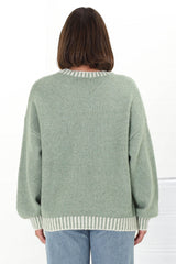 Aura Jumper - Crew Neck Jumper with Contrast Stripe Trim in Green