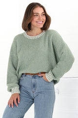 Aura Jumper - Crew Neck Jumper with Contrast Stripe Trim in Green