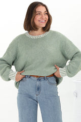 Aura Jumper - Crew Neck Jumper with Contrast Stripe Trim in Green