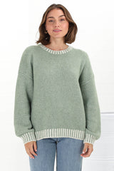 Aura Jumper - Crew Neck Jumper with Contrast Stripe Trim in Green