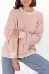 Aura Jumper - Crew Neck Jumper with Contrast Stripe Trim in Pink