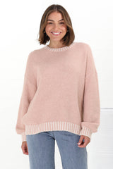 Aura Jumper - Crew Neck Jumper with Contrast Stripe Trim in Pink